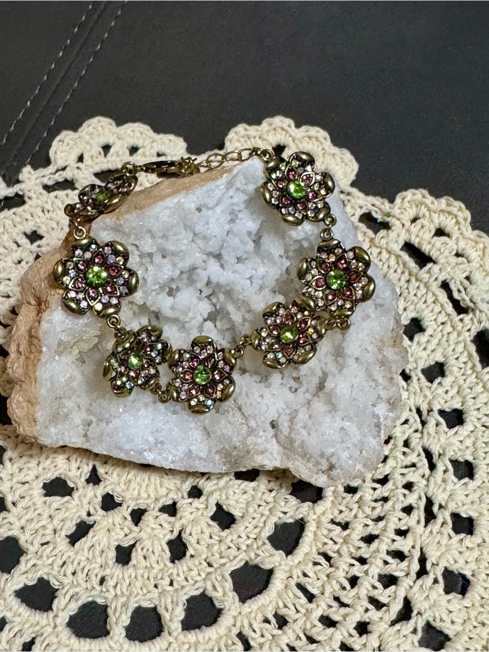 Antique-style Bracelet of Floral Links Embellished w/Pink & Green Stones